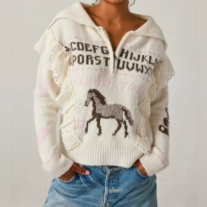 Kimchi Blue Urban Outfitters Ivory Paloma Lace Trim Quarter Zip Pullover Sweater